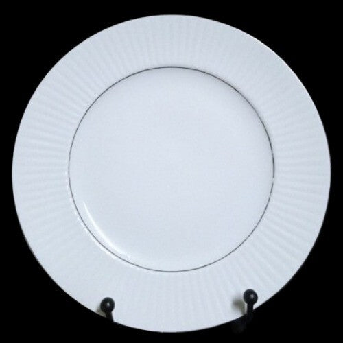 Gibson Designs BLACK TIE 4-Salad Dessert Plates White 7 ½" D Silver Trim Ribbed 