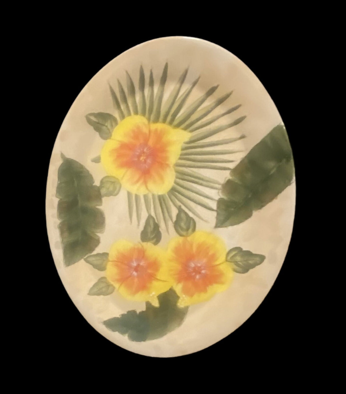 GARDEN RIDGE Pottery Oval Serving Platter Ceramic Floral Palm Leaves Tray