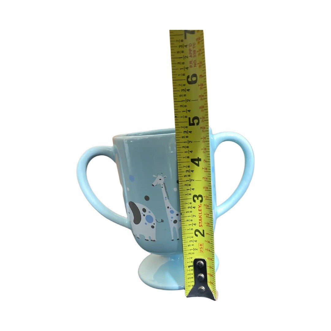 Teleflora MIGI Pedestal Mug Baby Boy Blue Cup Two Handle Lion Elephant Giraffe