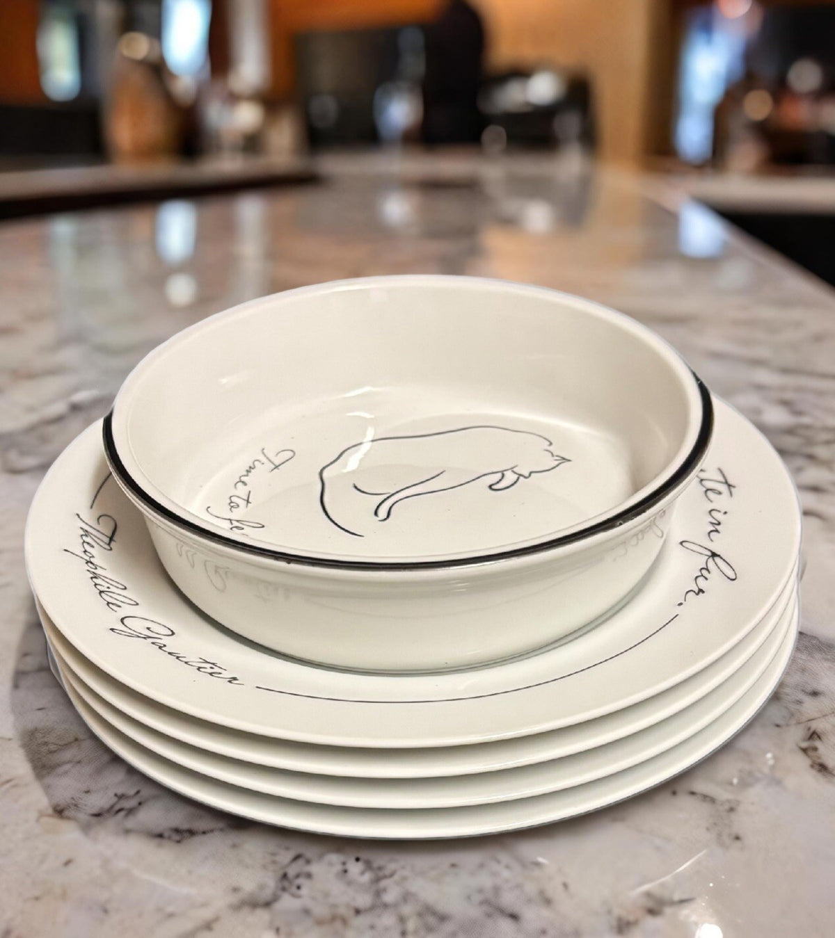 The Monkey and the Peddler 4 Salad Plates and 1 Bowl MINOU Cat Plates LIZ ROSE