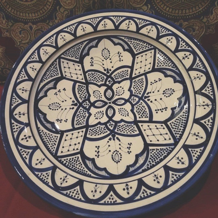 Moroccan 15 7/8” Terracotta Platter – Hand-Painted Blue & White Handcrafted