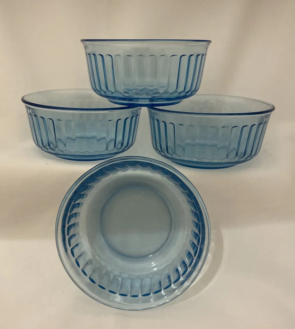 Vintage Fortecrisa Blue Azure Ice Blue 4 Glass Ribbed Bowls Mexico Forte Crisa