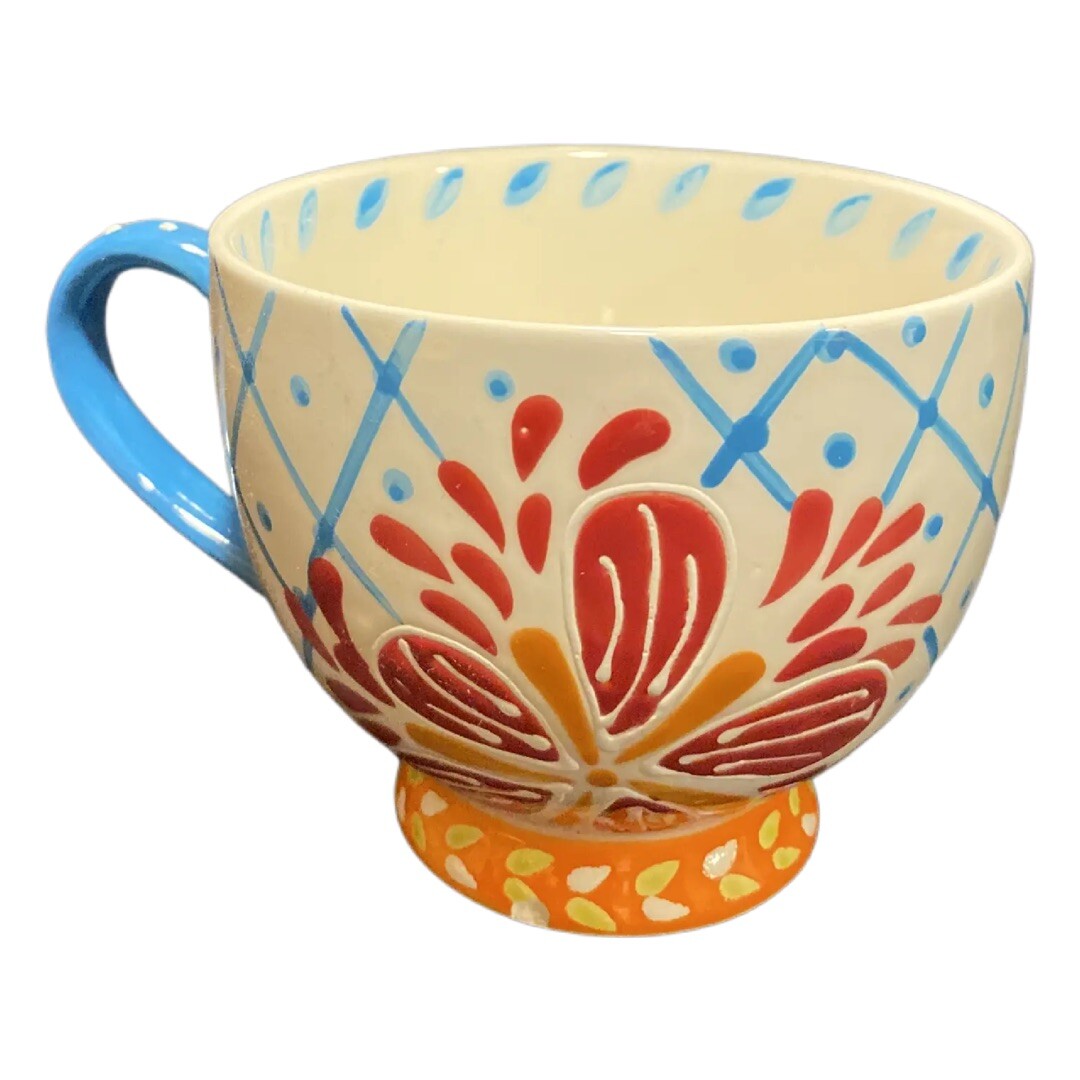 Coastline Imports Artistic Accents Ceramic Floral Coffee Mug Blue Handle Tea Cup