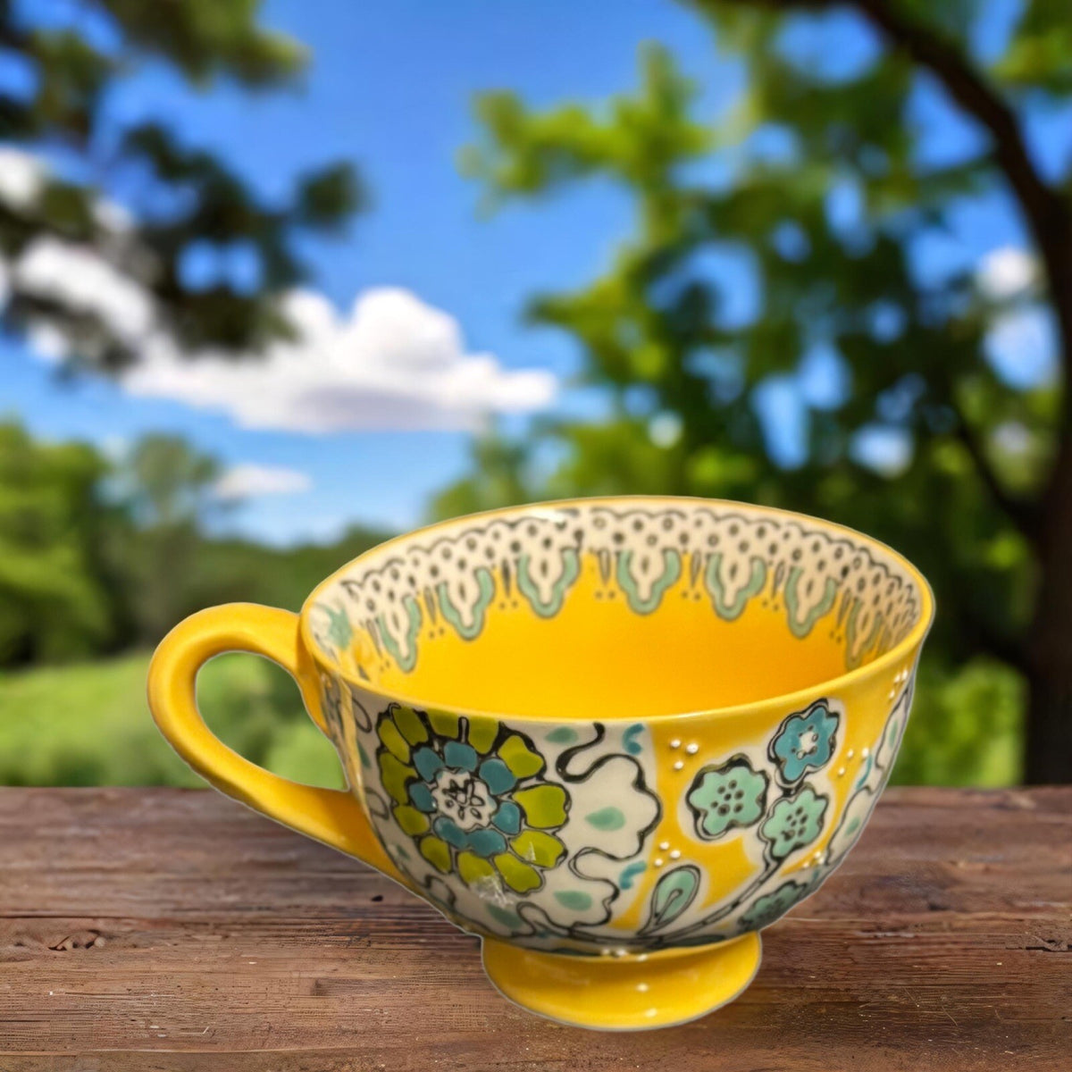 Anthropologie ELKA AYAKA Mug Yellow Floral Footed Pedestal Cup Twisted Handle
