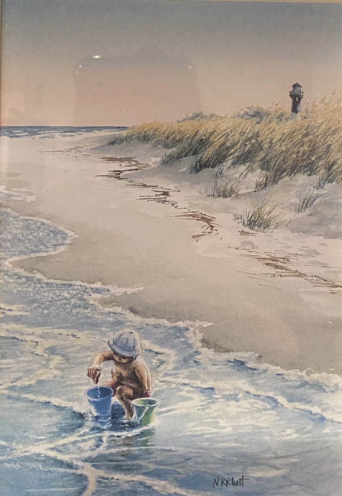 Nancy Ricker Rhett Signed Watercolor Print Child at Beach 11 x 9.5 Inches Framed