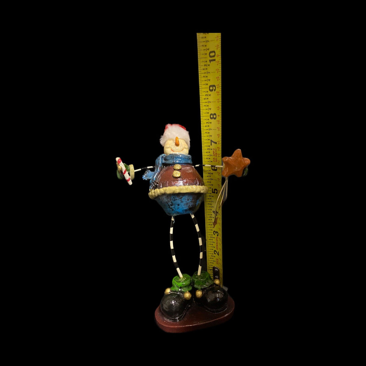 Christmas Snowman Stand Santa Hat With Bell Metal Wire Holding Stars Candy Cane