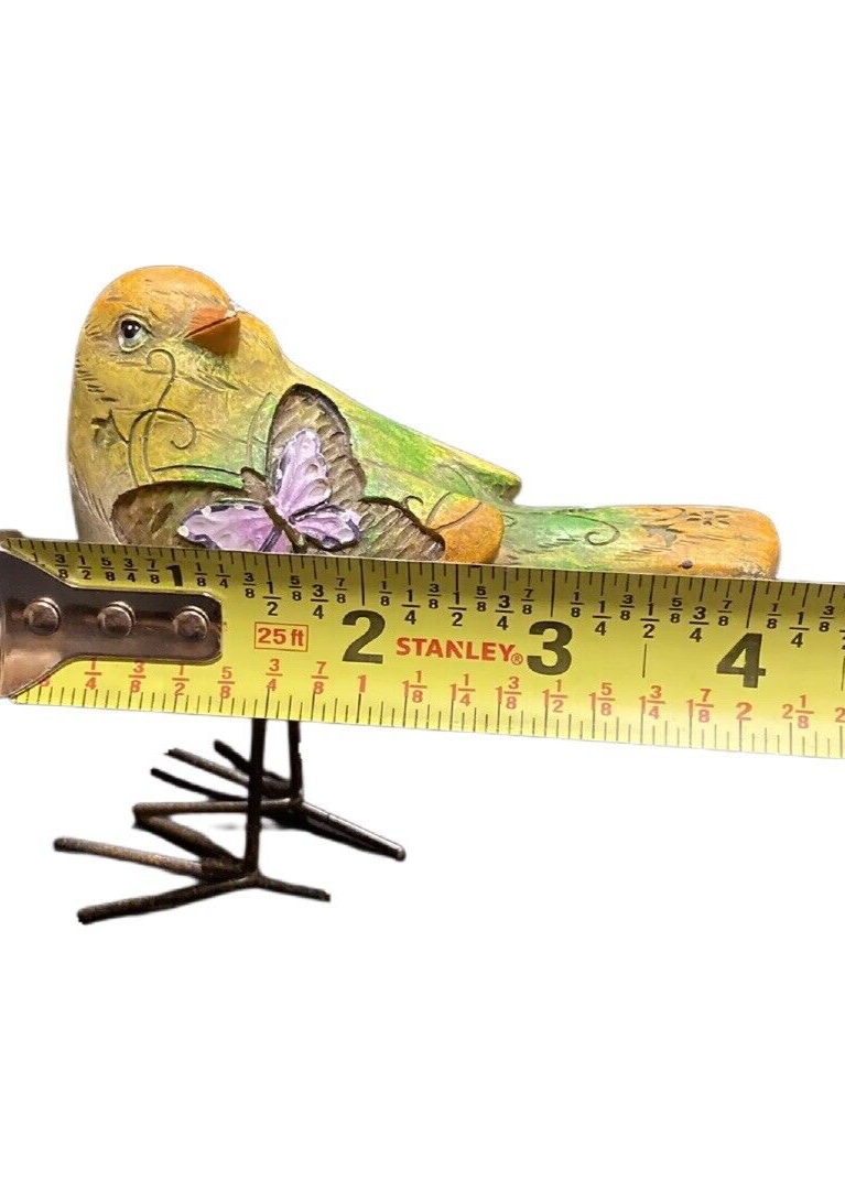 Hand Painted Ceramic Bird Figurine with Butterfly | Green Yellow Metal Accents