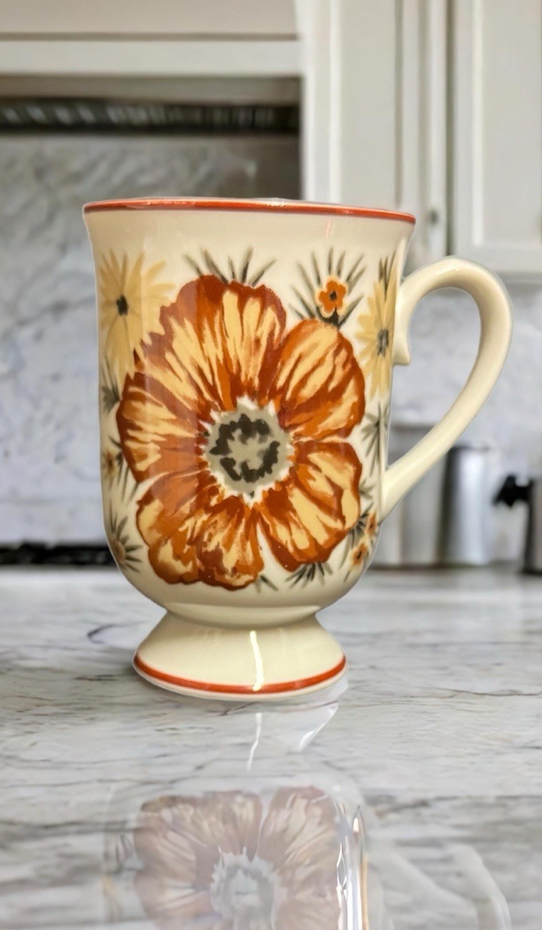 Royal Domino Mountain Wood Porcelain Mug – Floral Footed Cup Japan 5.5”