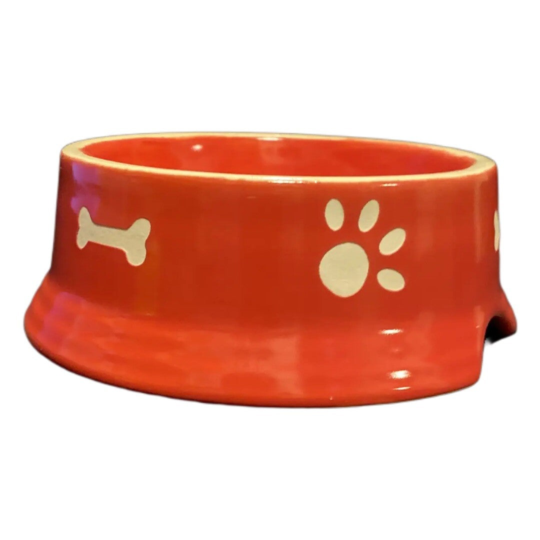 RED and WHITE Dog Bowl Food Water Stoneware Dish White Carved in Bones and Paws