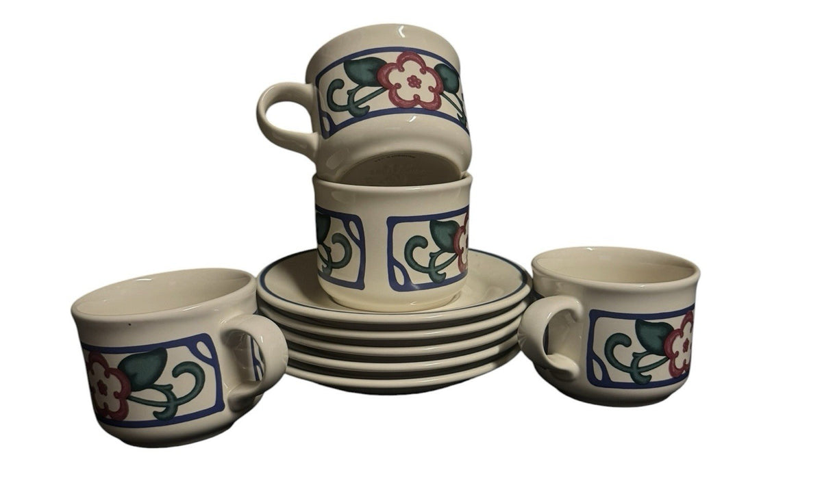 Pfaltzgraff Arbor Vine Set of 4 Cups and Saucers Stoneware Coffee Tea Floral