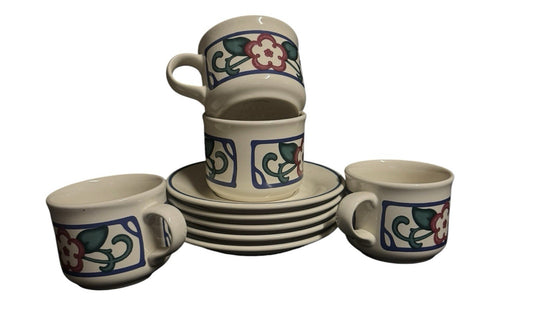 Pfaltzgraff Arbor Vine Set of 4 Cups and Saucers Stoneware Coffee Tea Floral