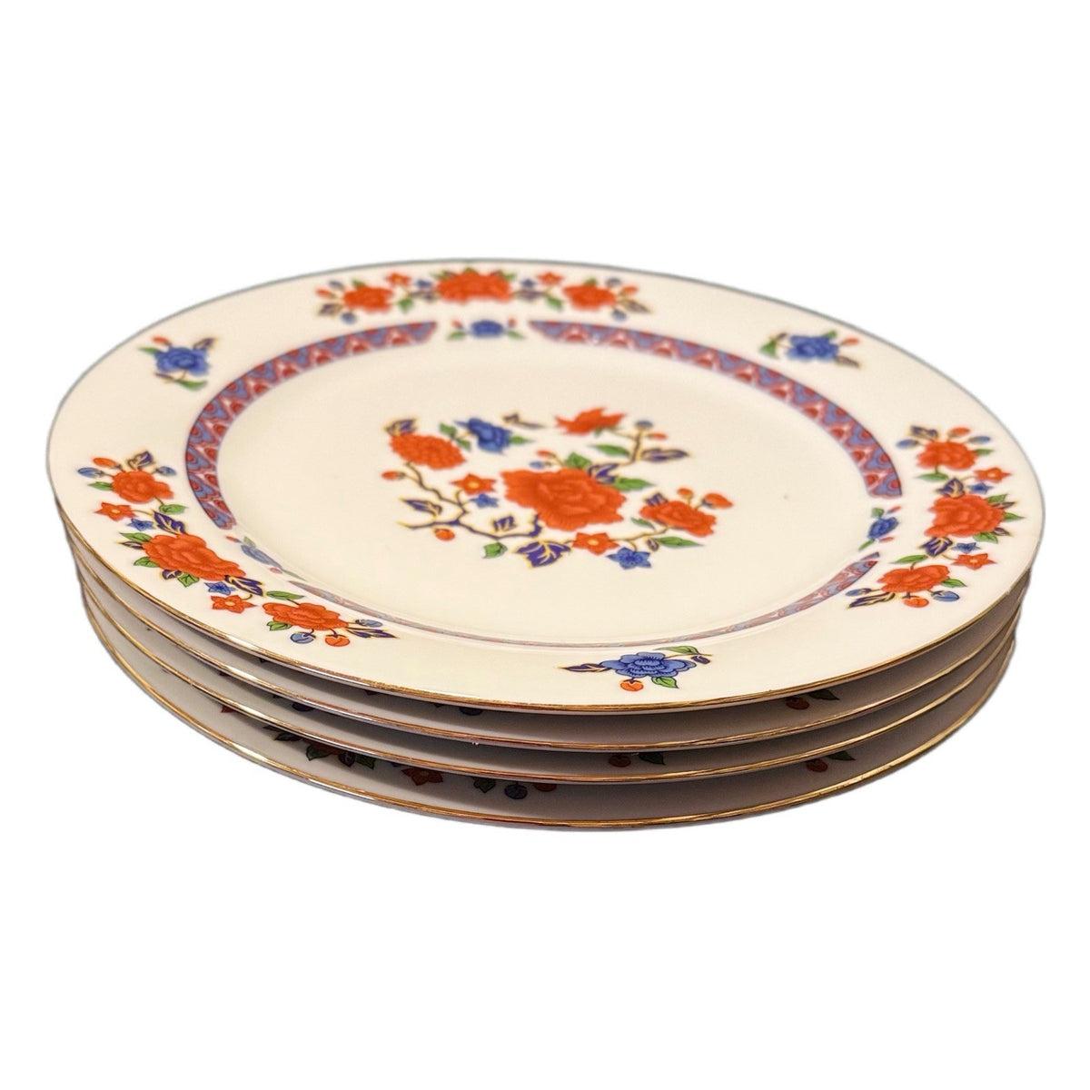 4 CROWN MING OLD IMARI Dinner Plates 10.5” Jian Shiang China Faded Gold Trim