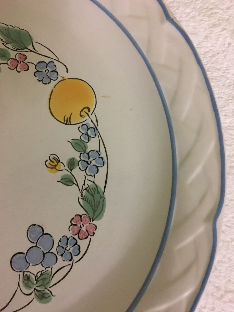 "VINA FERA" Durasafe Dinner Plate Fruits Flowers Blue Trim Oven Safe 10 3/4" D
