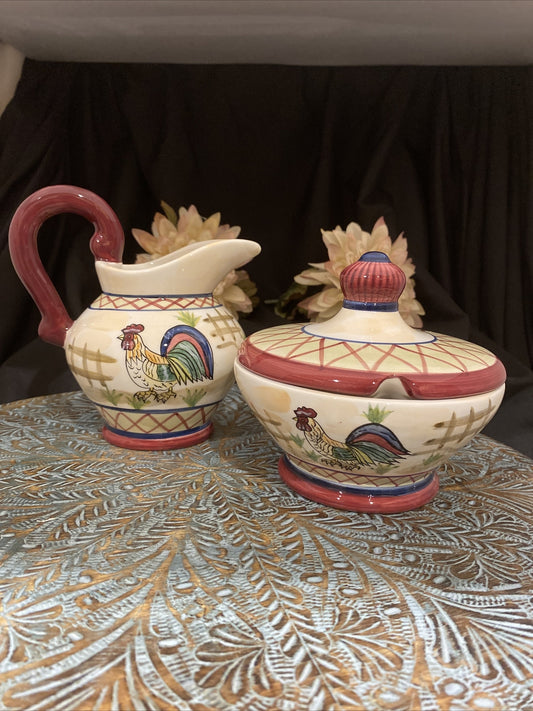 YOUNGS Heartfelt Kitchen Creations 3 PIECE Sugar Bowl with Lid & Creamer Rooster