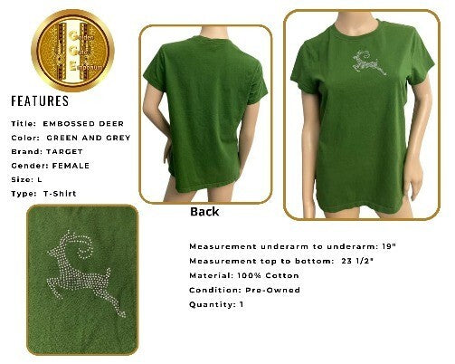 T-Shirt Embossed Deer Target Embellished Tee Woman Girl Top Green L