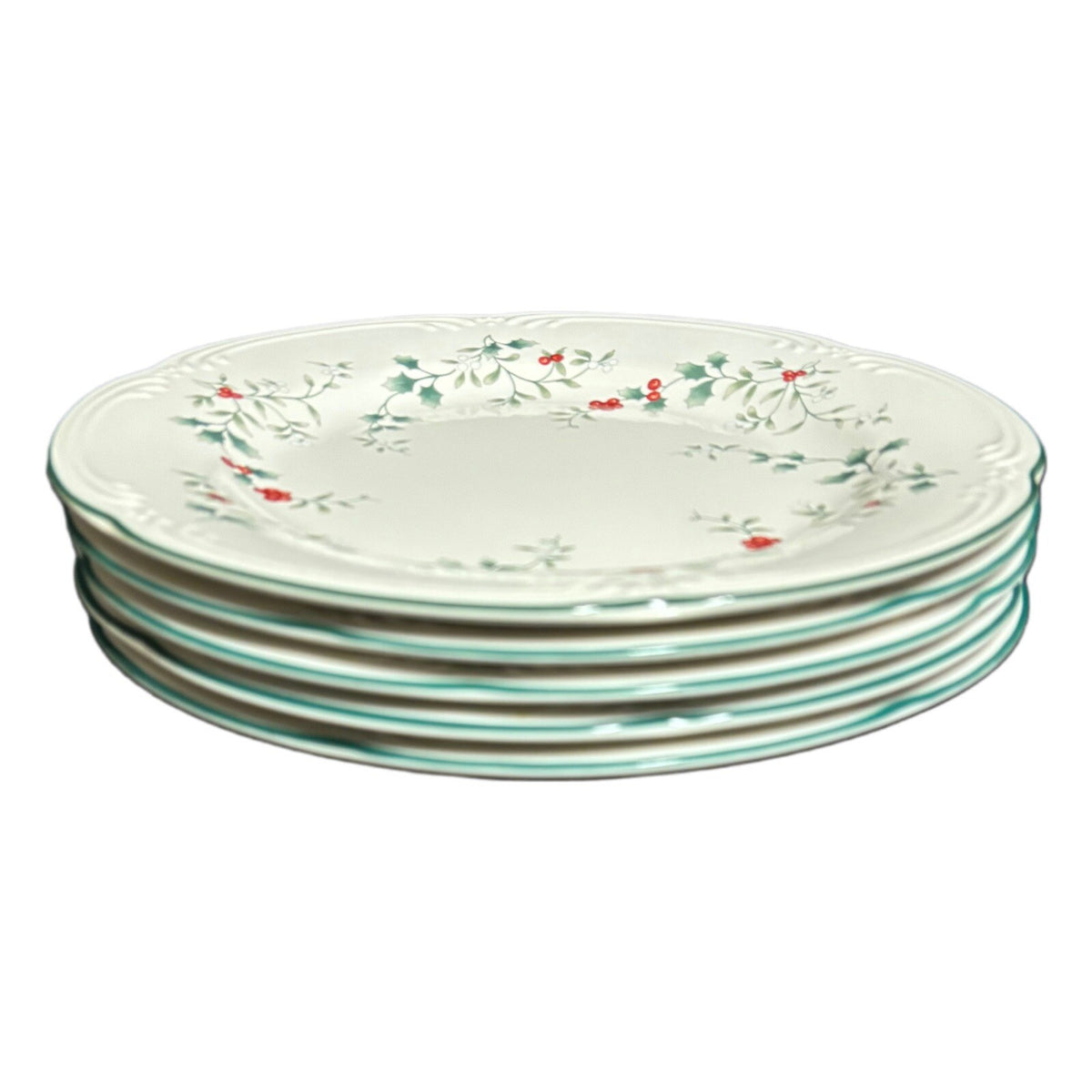Pfaltzgraff WINTERBERRY 5-Dinner Plates Holly & Berries White Dinnerware
