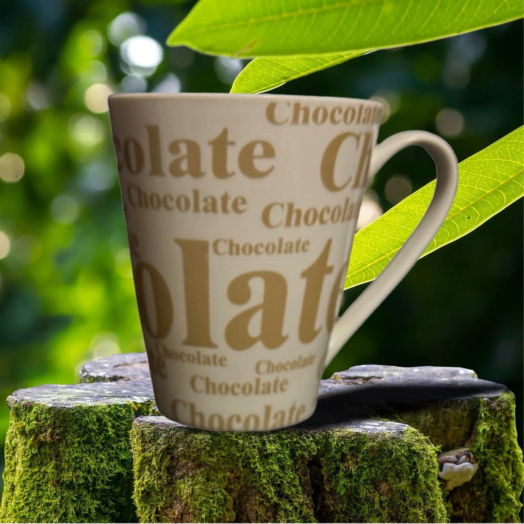 Chocolate Mug White Coffee Hot Cocoa Cup 10 oz Tan Brown Typography Letters