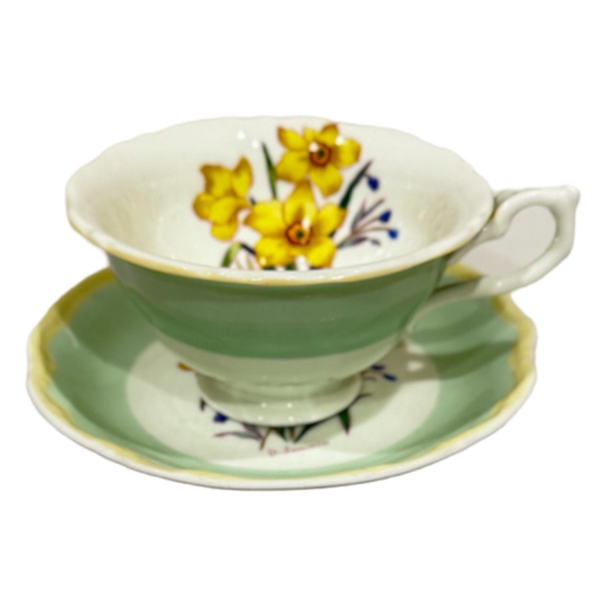 Royal Sealy Japan Daffodil Teacup & Saucer Set Green Yellow Floral Vintage