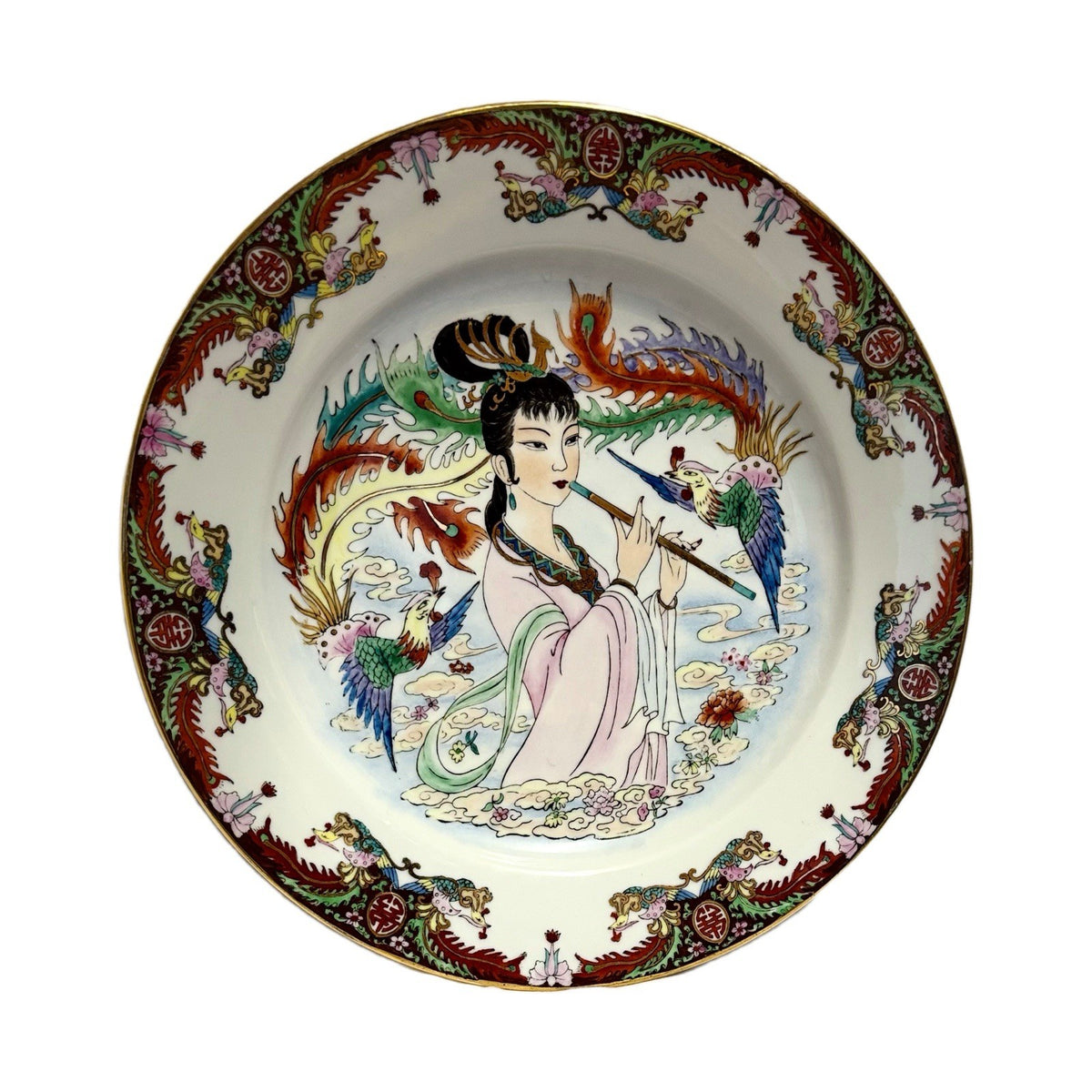FAMILLE ROSE HandPainted Vintage Plate Porcelain Birds Asian Woman Playing Flute