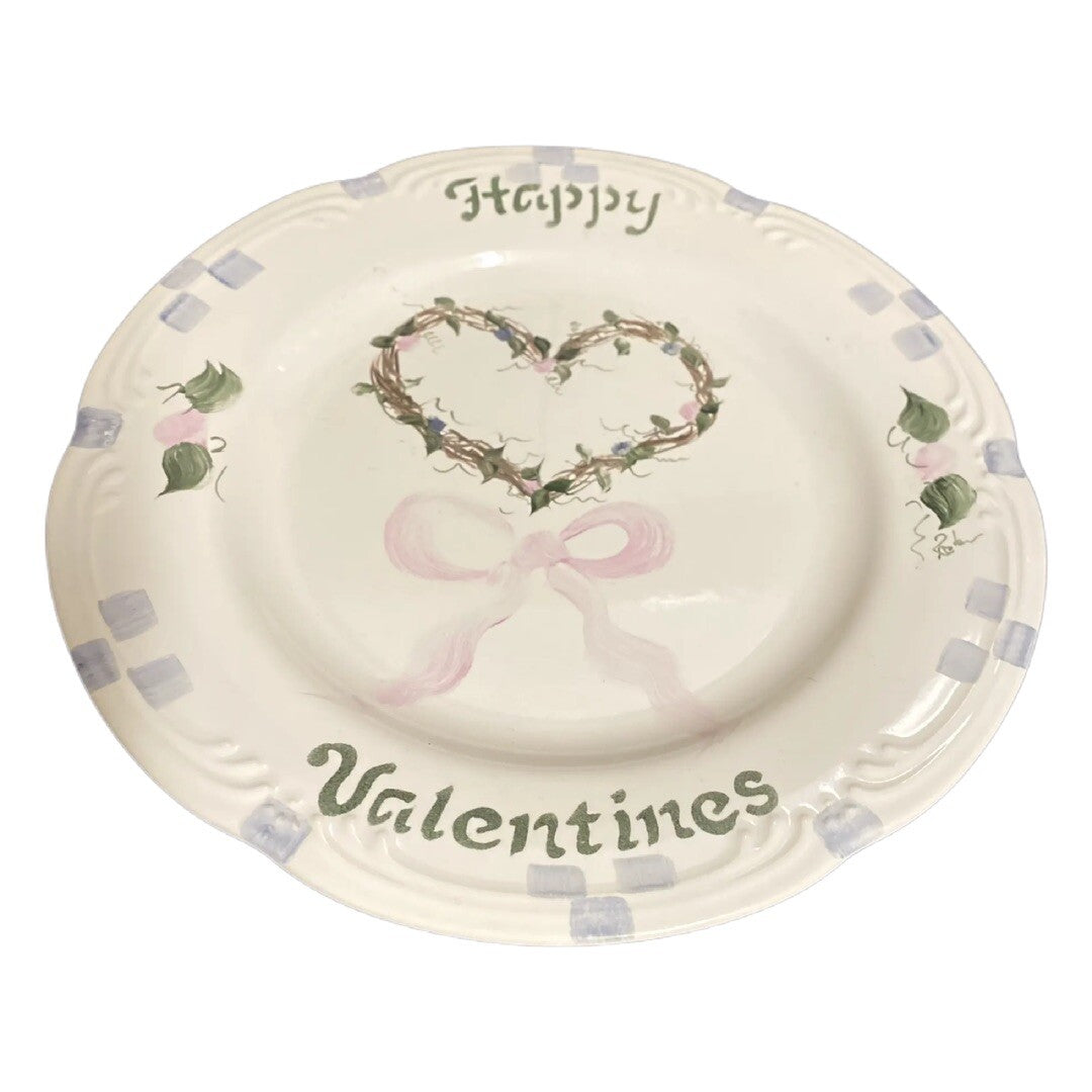 Pfaltzgraff Happy Valentines 10.5” Dinner Plate Heart Wreath Pink Bow