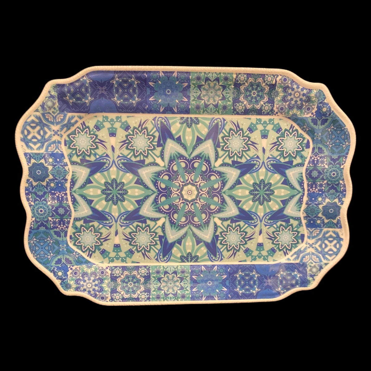Baci Milano Melamine Serving Tray Medallion Blue Tile Scalloped White Border