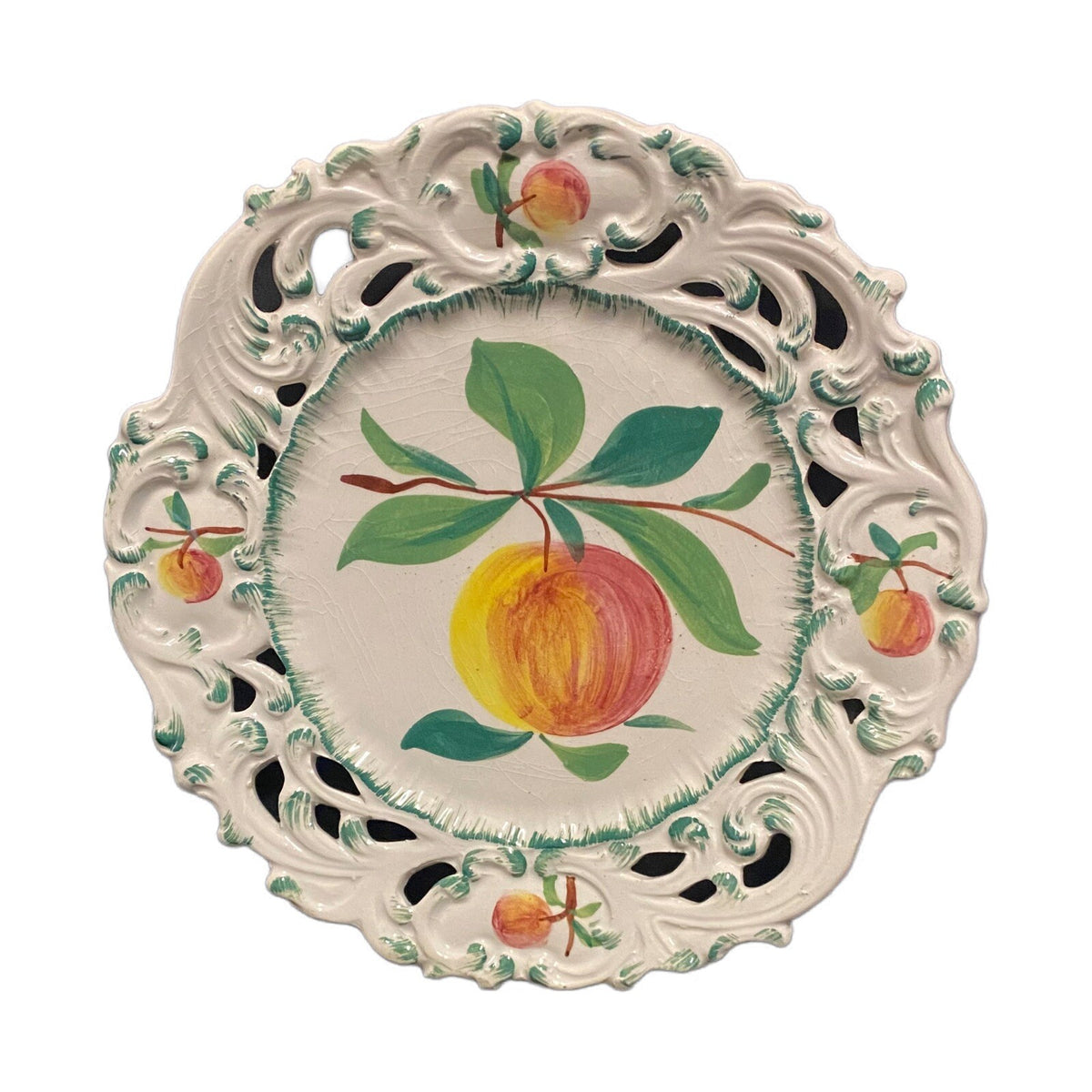 ITALIAN Pottery Accent Plate Hand Painted Peach Fruit Reticulated Signed # 9448