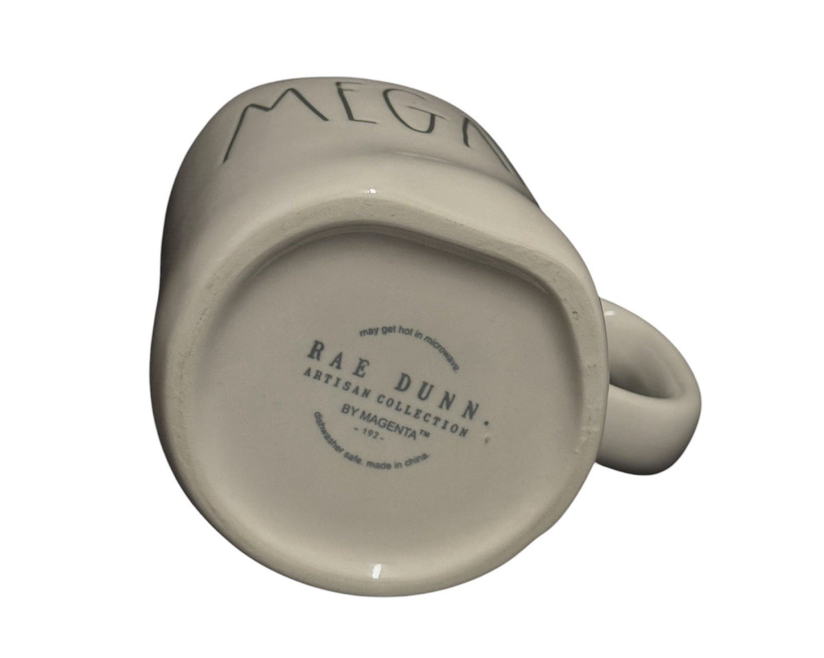 Rae Dunn MEGAN Ceramic Coffee Mug White Black Lettering 16 oz Farmhouse Cup