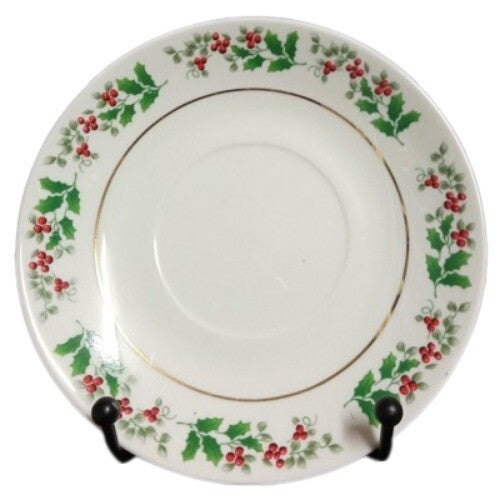 Gibson Everyday CHRISTMAS CHARM 2-Saucer 6" D Holly Berry Charm Gold Rim Trim