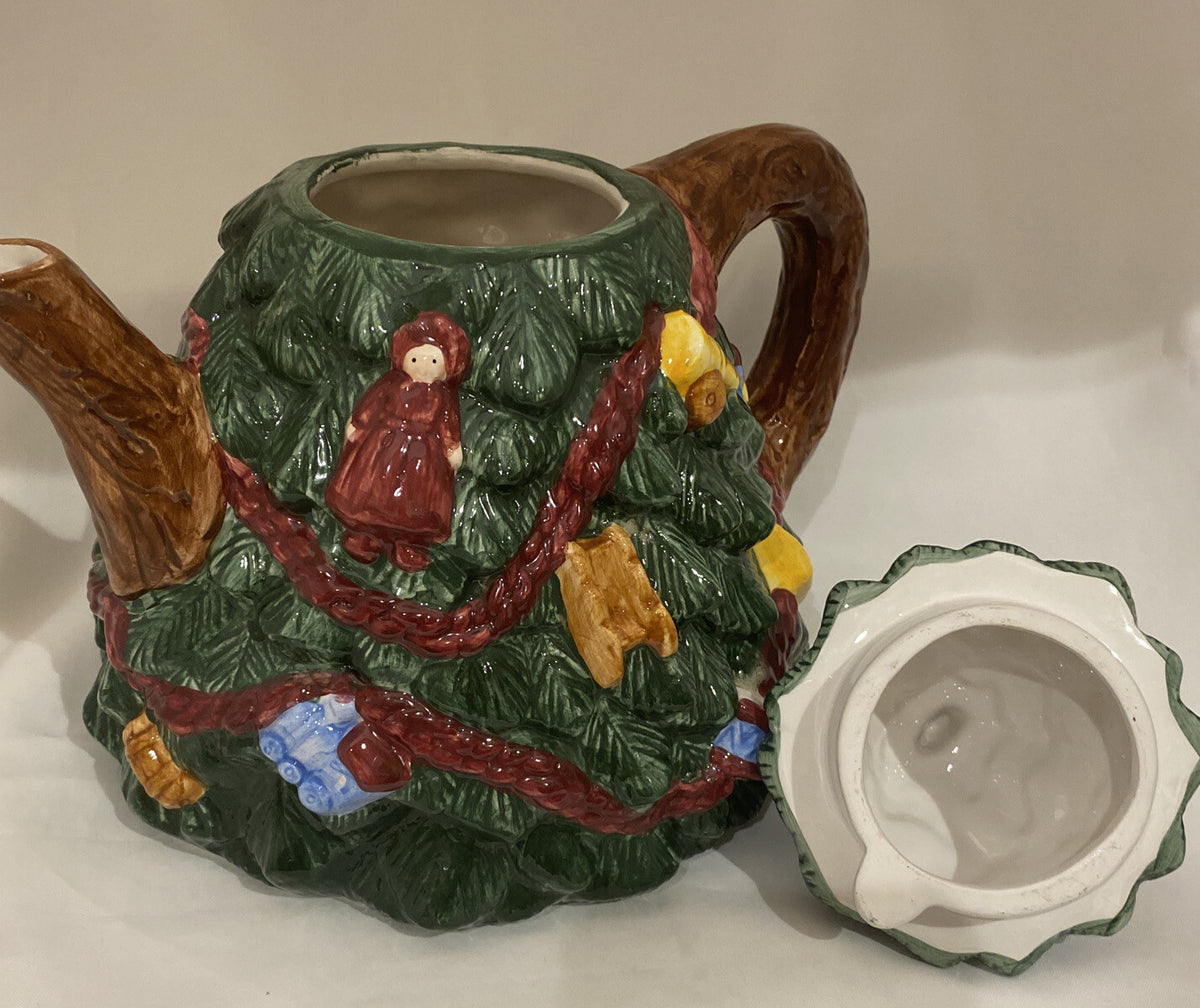 R.H Macy & CO Hand Painted Teapot 1994 Christmas Tree Shaped Holiday Pot 9.5" H