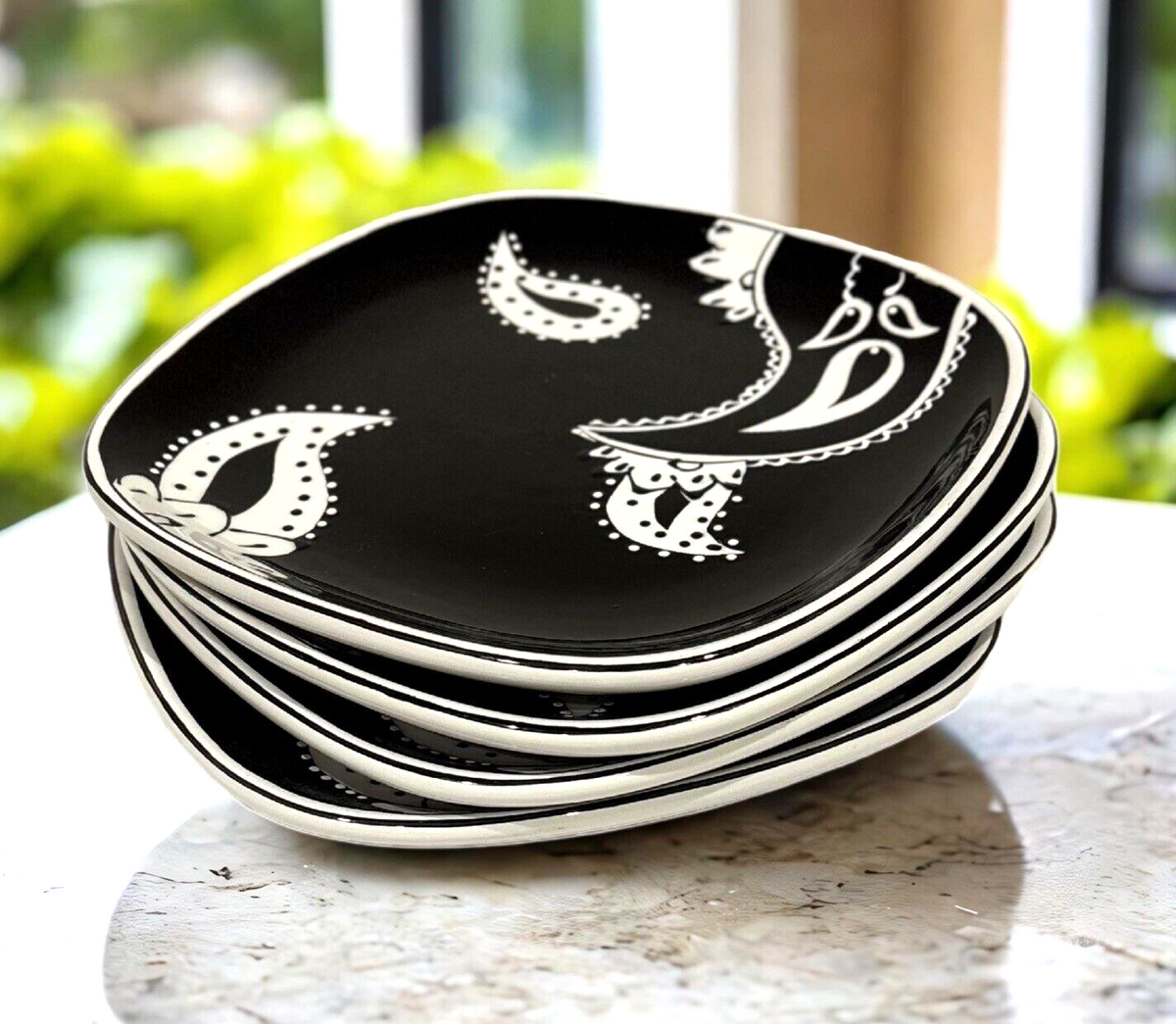 Rare ND 4-Salad Plates 3-Mugs Black White Hand-Painted Ceramic Dinnerware Set