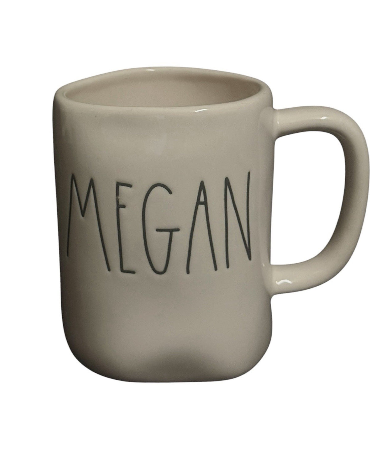 Rae Dunn MEGAN Ceramic Coffee Mug White Black Lettering 16 oz Farmhouse Cup