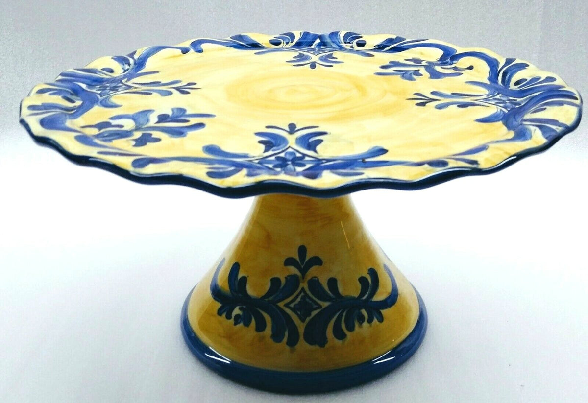 Classic Round Yellow Blue Ceramic Pedestal Cake Cupcakes Scalloped Serving Dish