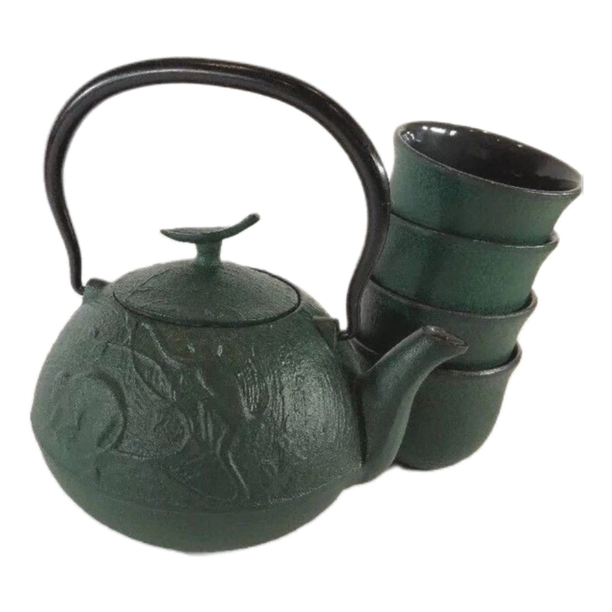 Japanese Cast Iron Teapot Set w/ 4 Cups Green Monkey & Bamboo Enamel Interior