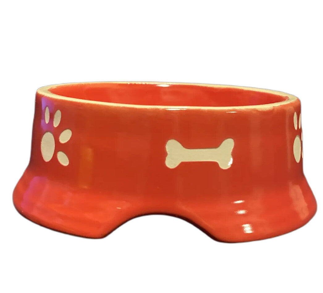 RED and WHITE Dog Bowl Food Water Stoneware Dish White Carved in Bones and Paws