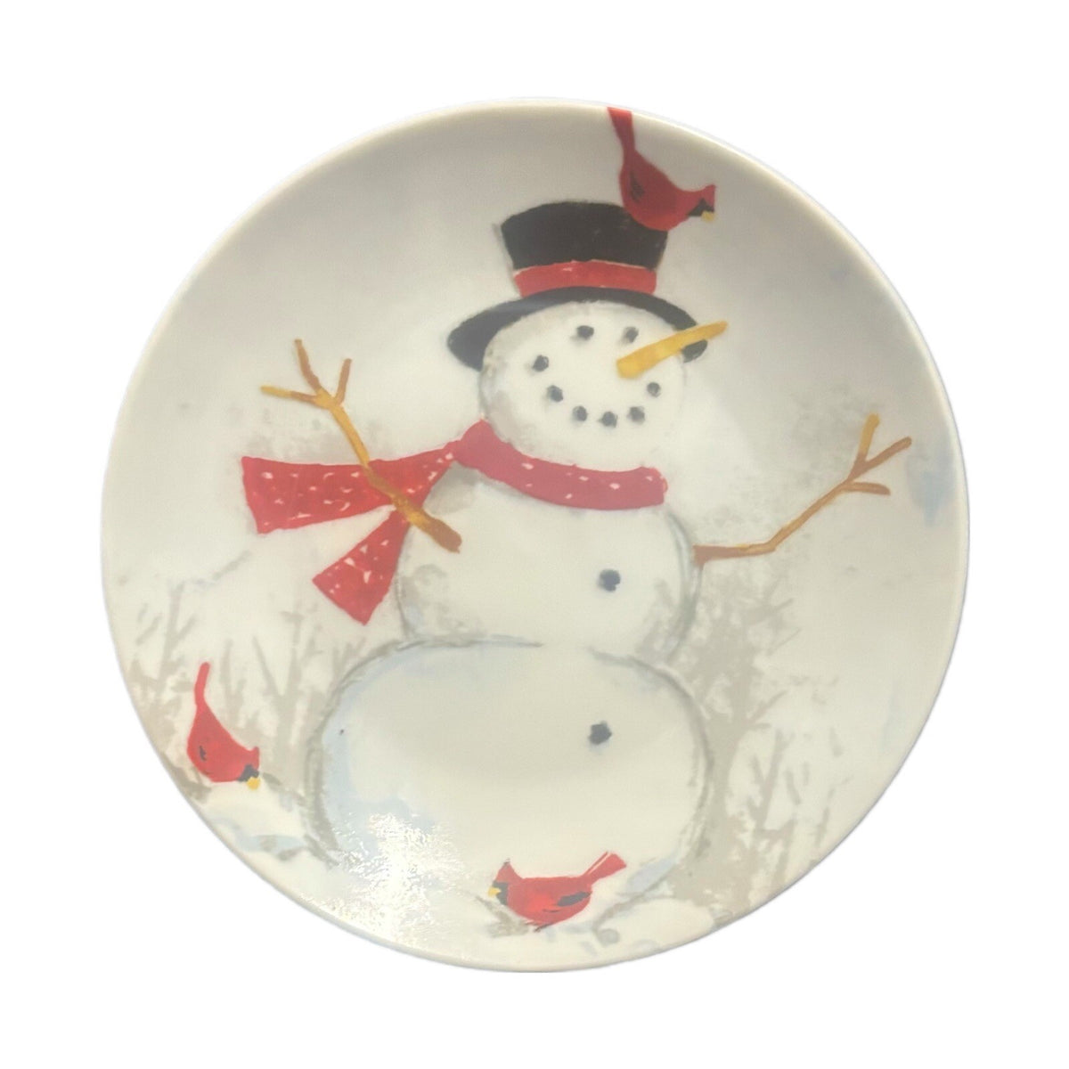 222 FIFTH WINTER CHEER 4-Appetizer Plates Holiday Christmas Snowman Cardinal Red