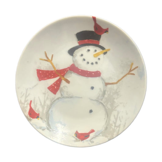 222 FIFTH WINTER CHEER 4-Appetizer Plates Holiday Christmas Snowman Cardinal Red
