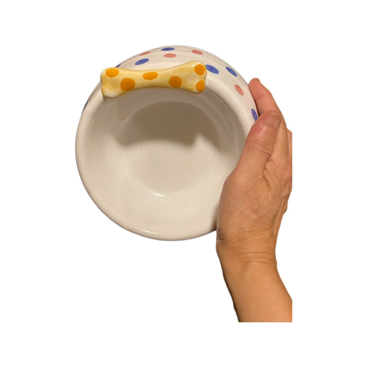 Italian Hand Painted Ceramic Dog Bowl with 3D Bone & Polka Dots | Puppy Dish