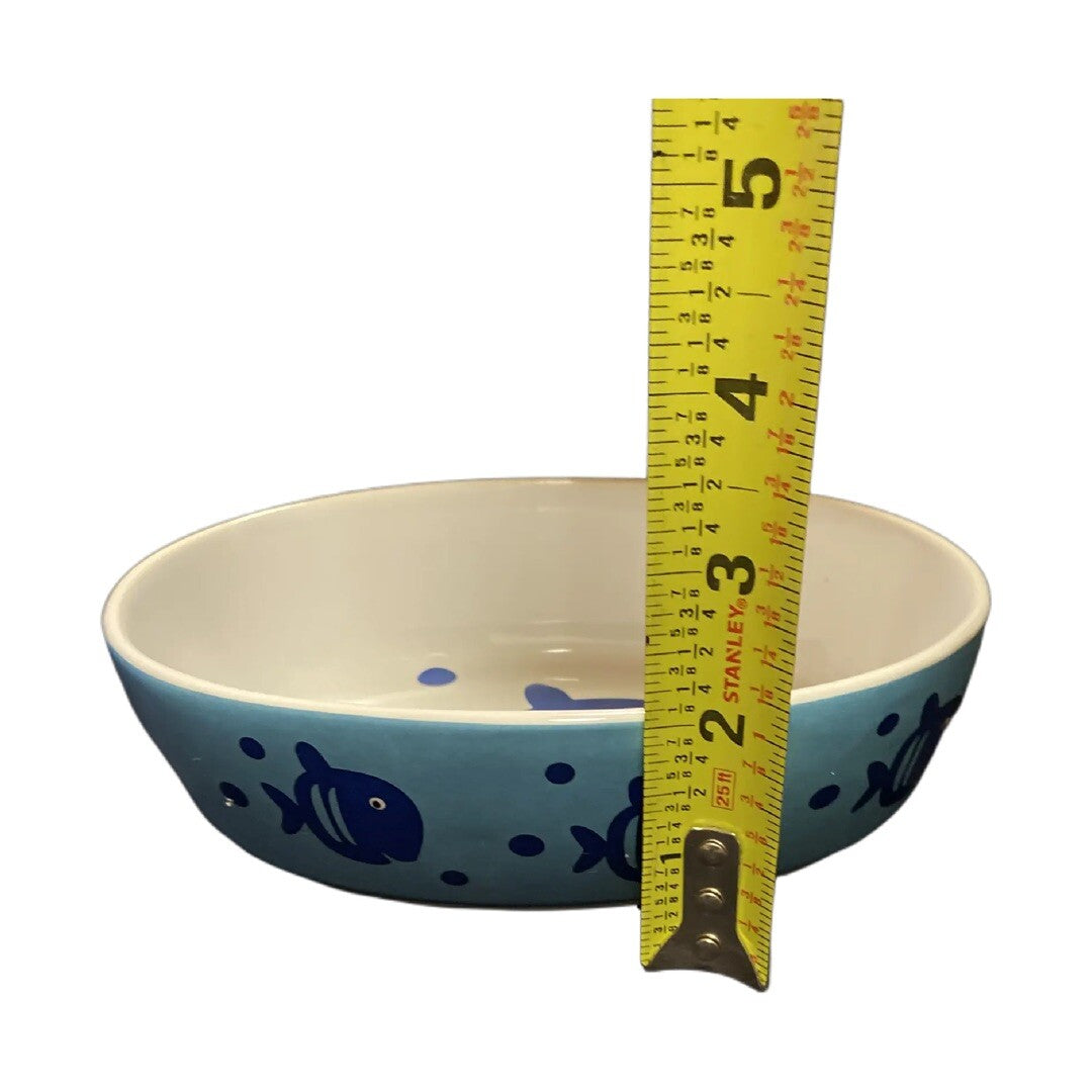 PetRageous Designs Oval Cat Bowl HandCrafted Stoneware Food Water Dish Blue Fish