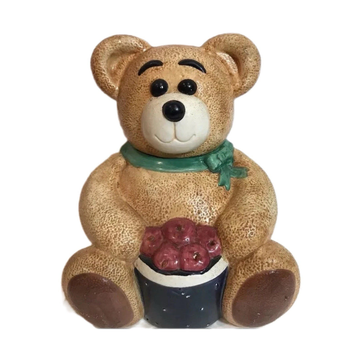 CKRO Teddy Bear Cookie Jar Holding Red Apples Green Scarf Ceramic Vintage 10” H