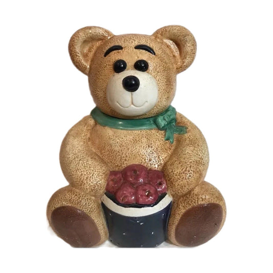 CKRO Teddy Bear Cookie Jar — Holding Red Apples, Green Scarf, Ceramic, 10" (Vintage)