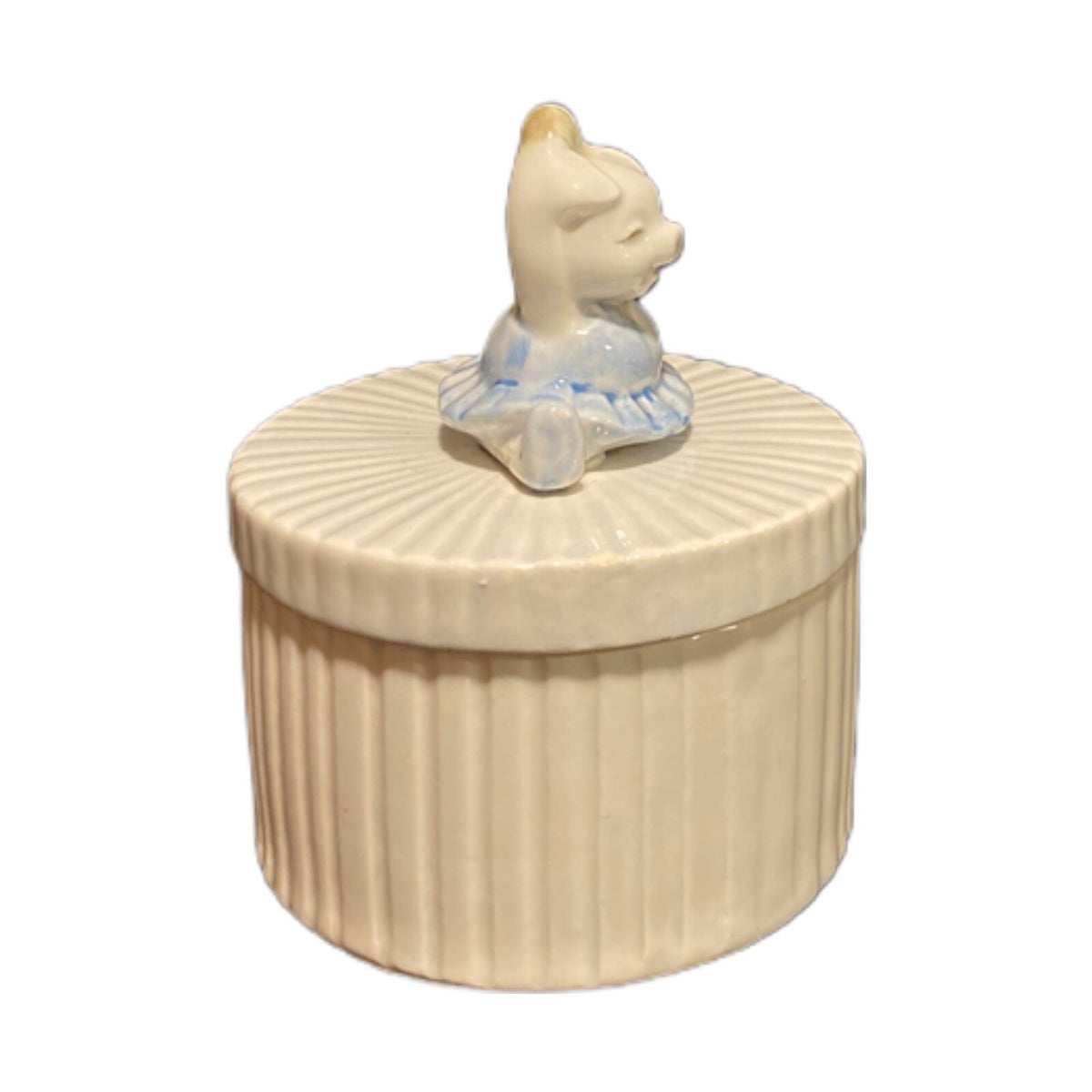 Vintage Fitz & Floyd Pig In Blue Tutu Round Ribbed Ballerina Trinket Jewelry Box