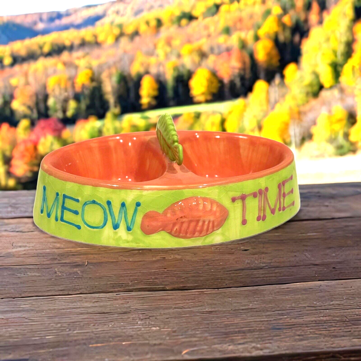 Rare Kitty Cat MEOW TIMEDouble Food Water Bowl Stoneware Dish Fish Handle