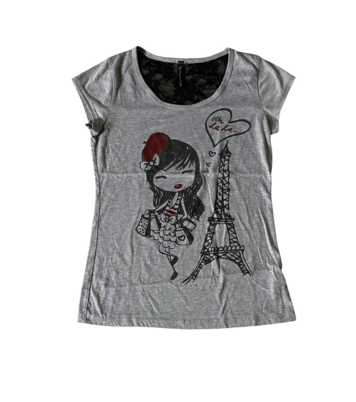 Lily Blue Ooh La La French Girls T-Shirt Lace Embellished Glitter Eiffel Tower L
