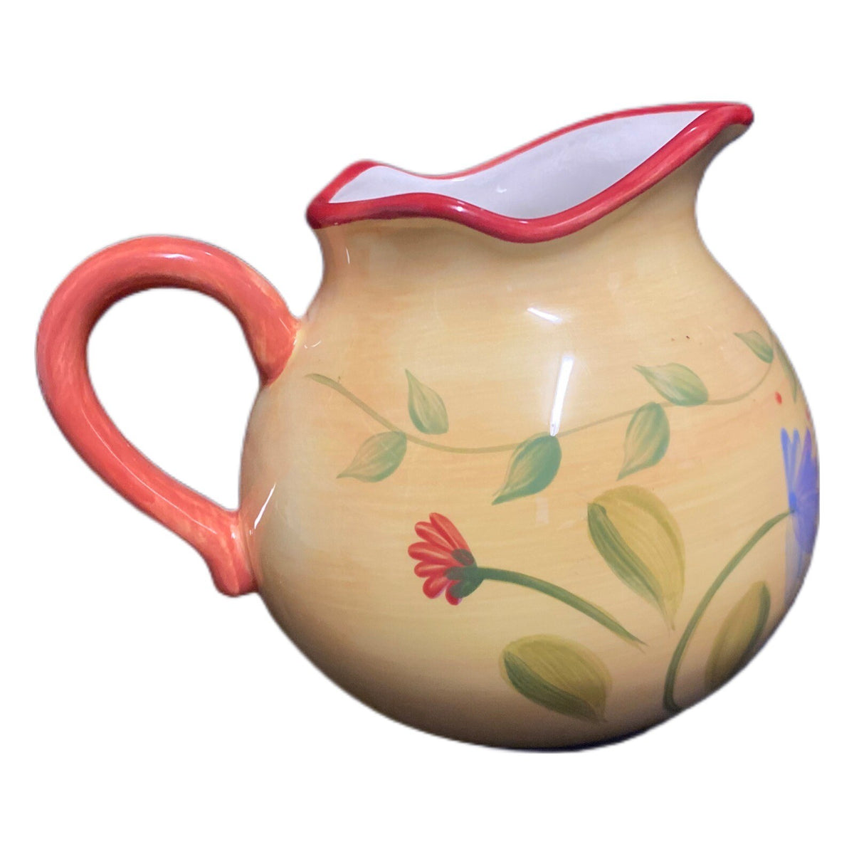 Pfaltzgraff NAPOLI Creamer Hand Painted Yellow Stoneware Floral Red Trim Pitcher