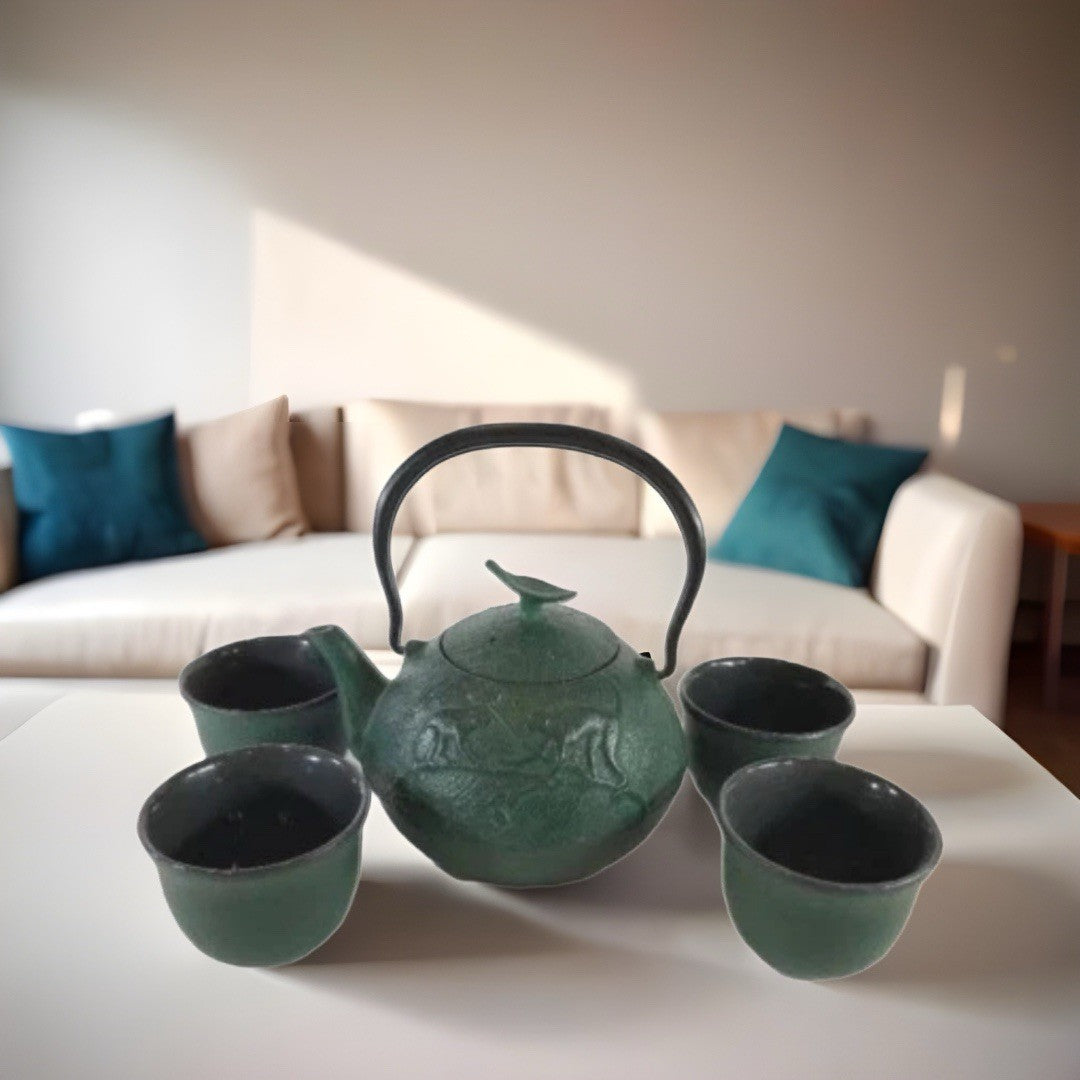 Japanese Cast Iron Teapot Set w/ 4 Cups Green Monkey & Bamboo Enamel Interior