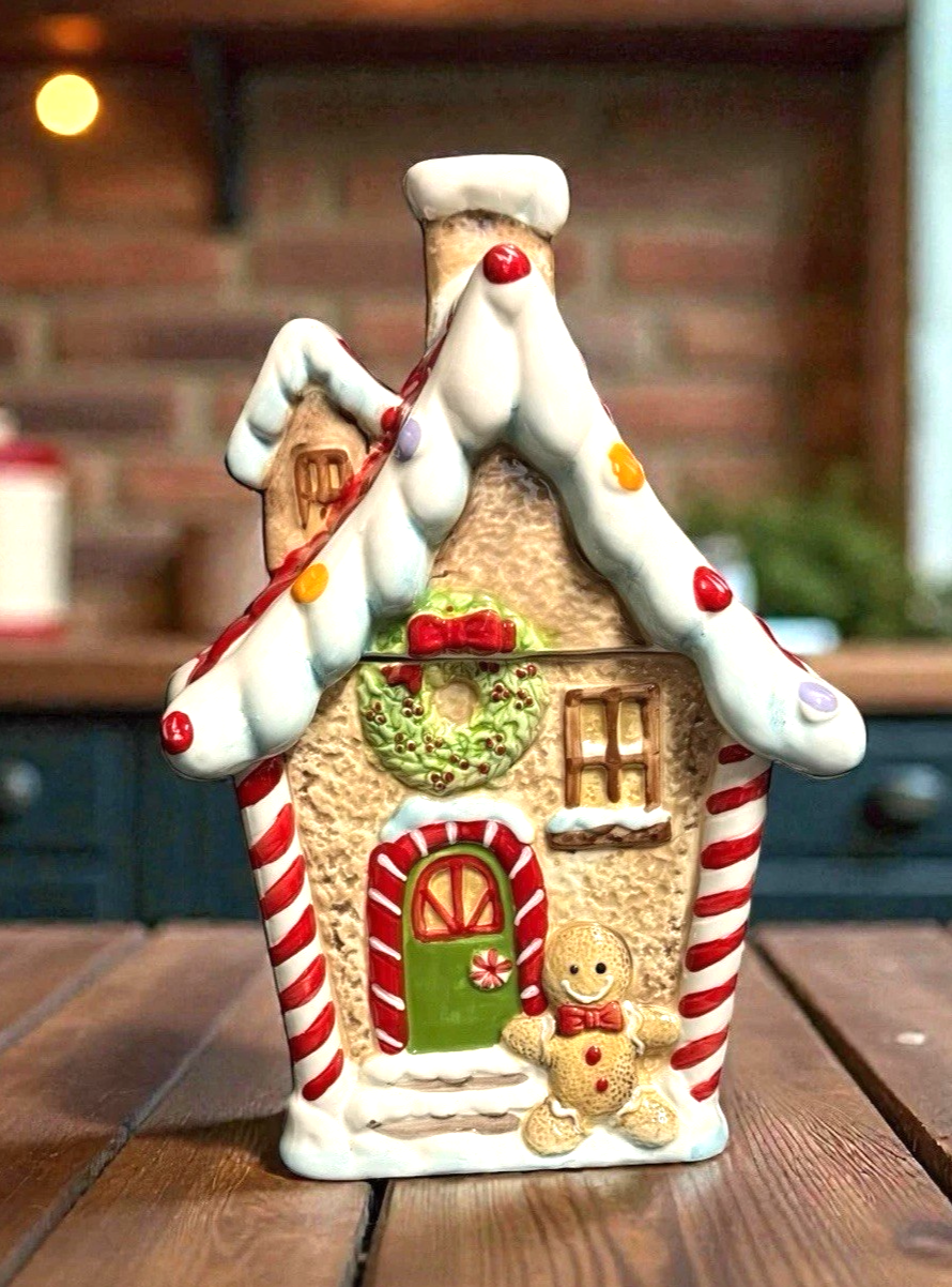 Sleigh Bell Bistro Gingerbread House Ceramic Cookie Jar Christmas Decor