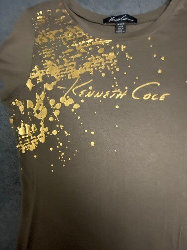 Kenneth Cole Women's T-Shirt Short Sleeves Green Gold Foil Graphic Scoop Neck MD