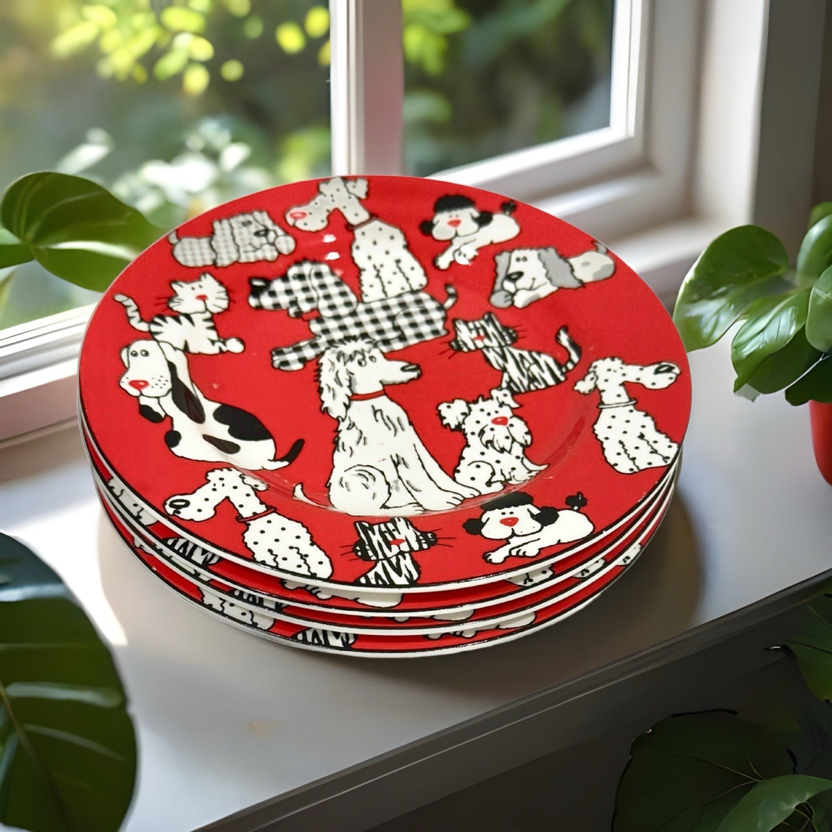 LivingQuarters 4 Salad Plates CARSON PIRIE Dogs Puppies Cats Kittens 8 1/4”D