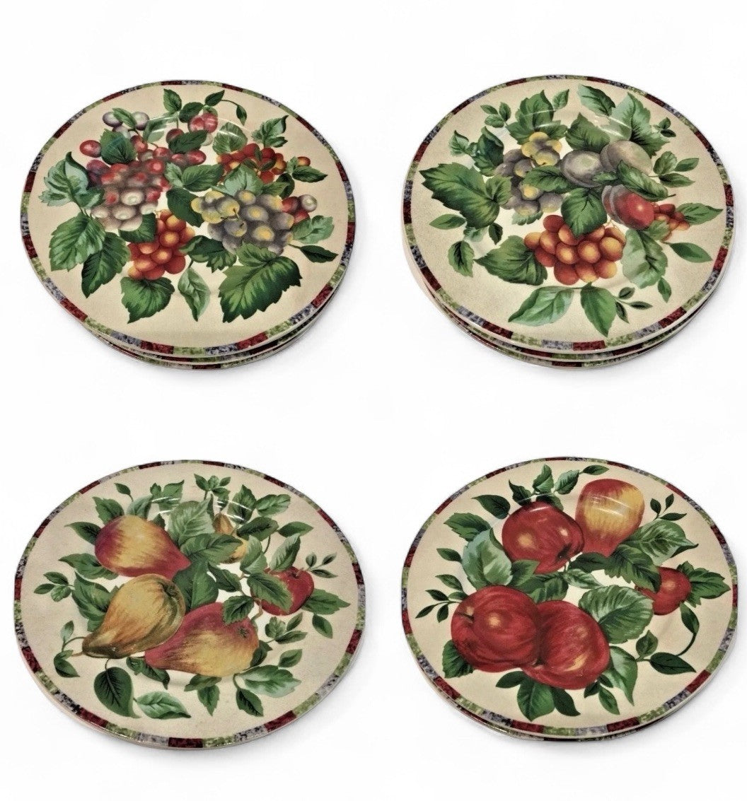 Sakura Oneida 4-Salad Plates Sonoma Excell Stoneware Fruits Design 8 1/8”D