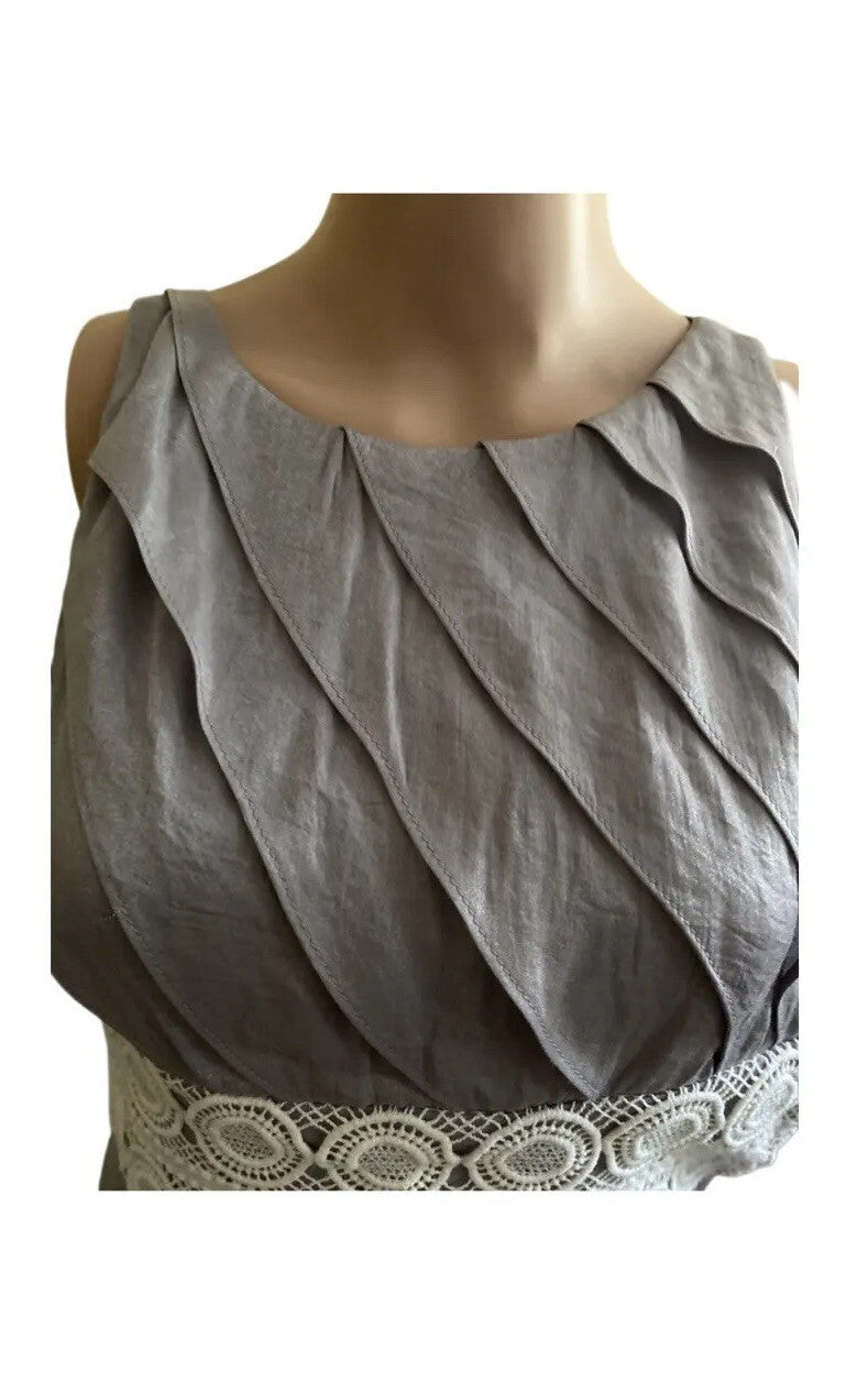 London Times Ruffle Sheath Dress Layered Sleeveless Silver Gray Side Zipper Sz 2